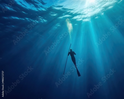 A serene underwater scene with a diver exploring the depths, illuminated by sun rays breaking through the water's surface.