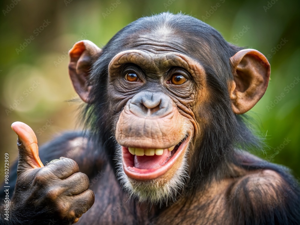 Adorable chimpanzee bursts into laughter, eyes sparkling with joy, while confidently giving an OK gesture with its hand, expressing perfect agreement and amusement.