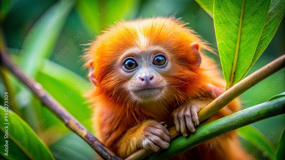 Obraz premium Adorable baby golden tamarin monkey clings to branch, large curious eyes peeking out amidst lush green foliage in dense Amazon rainforest habitat.