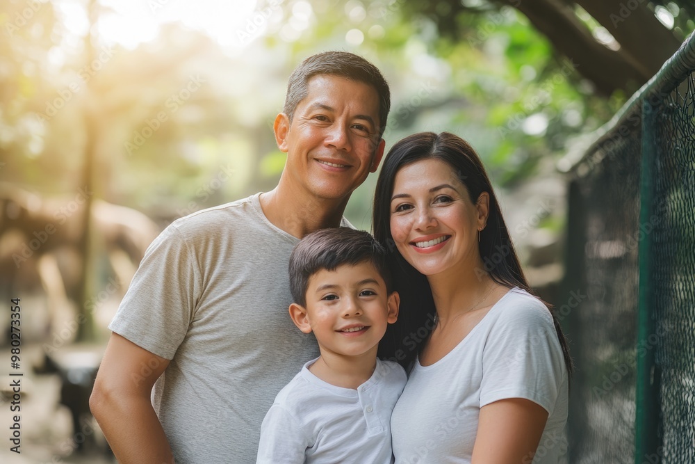 High-resolution brightly lit photorealistic candid photograph of a father, mother, and son standing together at the zoo, with a soft, creamy bokeh background. The scene is styled like a high-end High-resolution brightly lit photorealistic candid photograph of a father, mother, and son standing together at the zoo, with a soft, creamy bokeh background. The scene is styled like a high-end