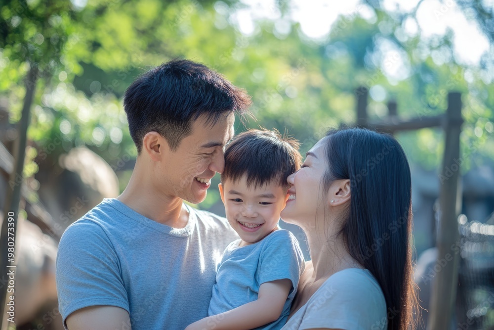 High-resolution brightly lit photorealistic candid photograph of a father, mother, and son sharing a moment of joy at the zoo, with a soft, creamy bokeh background. The image is styled like a High-resolution brightly lit photorealistic candid photograph of a father, mother, and son sharing a moment of joy at the zoo, with a soft, creamy bokeh background. The image is styled like a