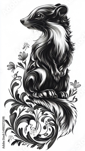 Skunk depicted in Art Nouveau style, with flowing lines and intricate floral patterns enhancing its graceful stance.