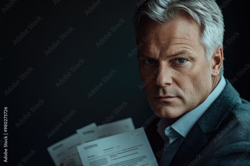 A sophisticated close-up of an experienced executive in their 60s, dressed in an elegant suit, with polished resumes in motion, set against a dark solid background, looking confidently at the camera. A sophisticated close-up of an experienced executive in their 60s, dressed in an elegant suit, with polished resumes in motion, set against a dark solid background, looking confidently at the camera.