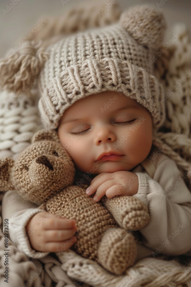 A newborn baby holding a teddy bear sleeps A newborn baby holding a teddy bear sleeps