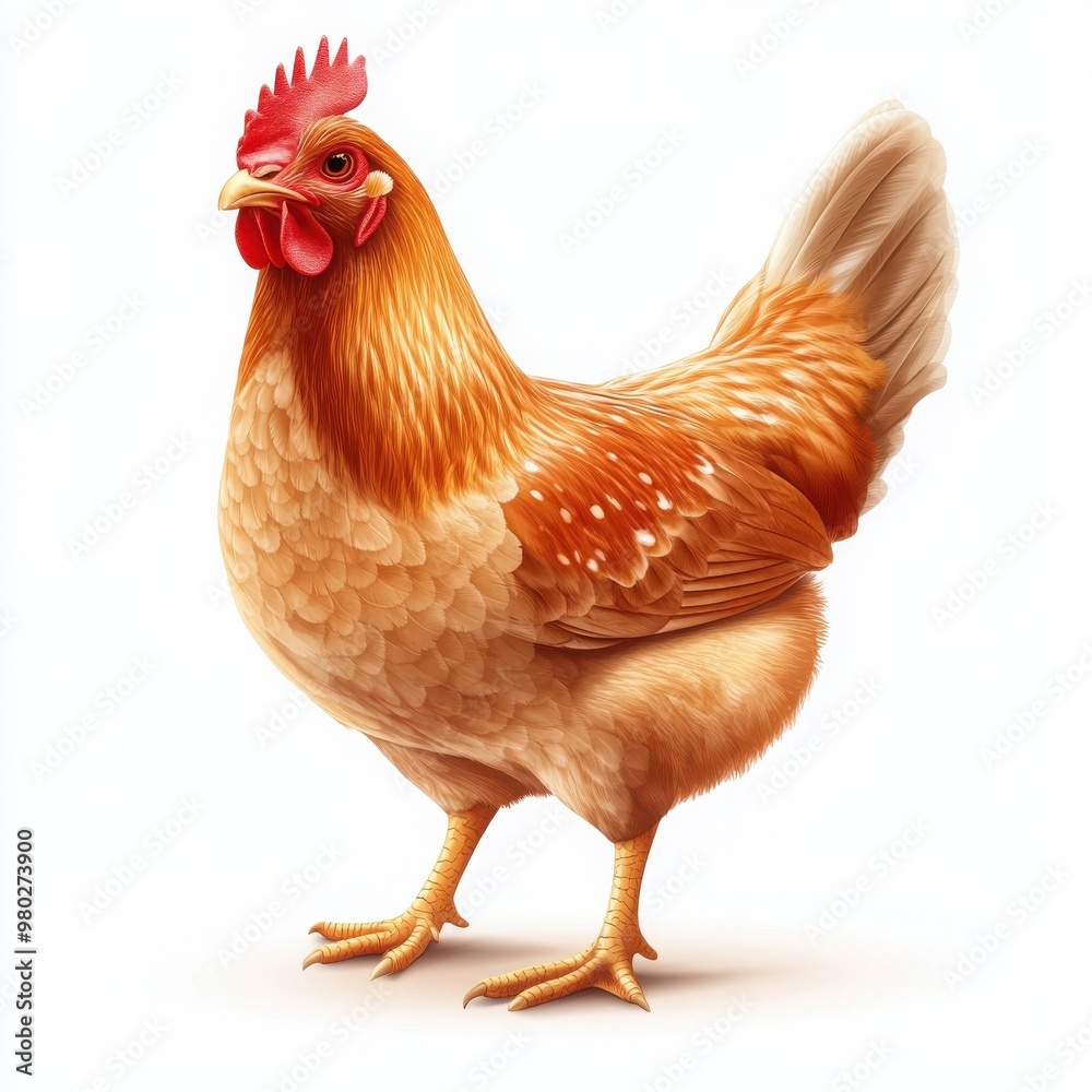 Fototapeta premium A vibrant brown chicken standing gracefully, showcasing its feathers and unique features, ideal for farm and animal-related themes.
