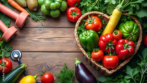 Promote a healthy lifestyle with this vibrant image of fresh vegetables in a heart-shaped bowl, accompanied by fitness gear. Perfect for highlighting the connection between nutrition and exercise. photo