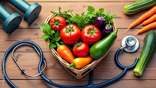 Promote a healthy lifestyle with this vibrant image of fresh vegetables in a heart-shaped bowl, accompanied by fitness gear. Perfect for highlighting the connection between nutrition and exercise. photo