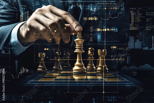 Crop-view of a businessmanâ€™s hand positioning a chess piece in a strategic setting, surrounded by equipment and digital screens. The dark background emphasizes business strategy with subtle dollar