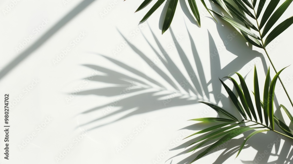 Top view of shadow cast by palm leaf on solid white background, clear and crisp Top view of shadow cast by palm leaf on solid white background, clear and crisp