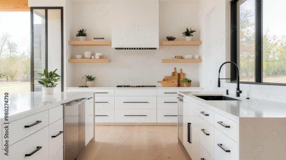 Bright kitchen with sleek countertops, minimal utensils, large windows, sunlit space, wide-angle, Sony a7 III Bright kitchen with sleek countertops, minimal utensils, large windows, sunlit space, wide-angle, Sony a7 III
