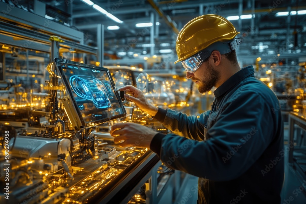 Very realistic and photographic photo of an engineer working with a holographic interface in a modern electric vehicle factory hall. The scene features metallic golds and deep blues, with a softly Very realistic and photographic photo of an engineer working with a holographic interface in a modern electric vehicle factory hall. The scene features metallic golds and deep blues, with a softly
