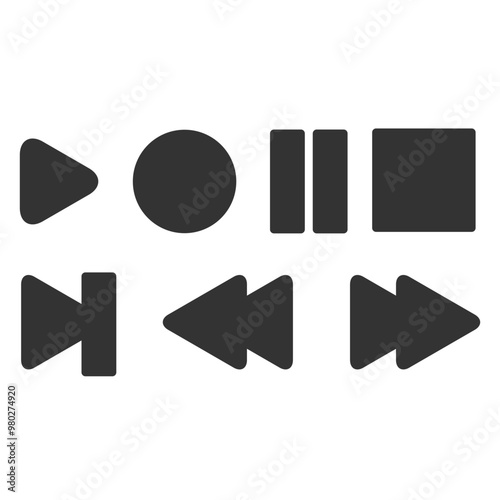 Set of Media Player Control Icons in Black. Collection of black media player control icons including play, pause, stop, and forward symbols. Ideal for digital interface design and multimedia projects.