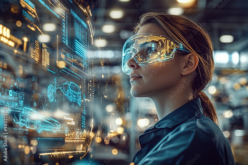 Very realistic and photographic photo of an engineer immersed in futuristic holographic displays in a state-of-the-art electric vehicle factory hall. The complex data projections represent business Very realistic and photographic photo of an engineer immersed in futuristic holographic displays in a state-of-the-art electric vehicle factory hall. The complex data projections represent business