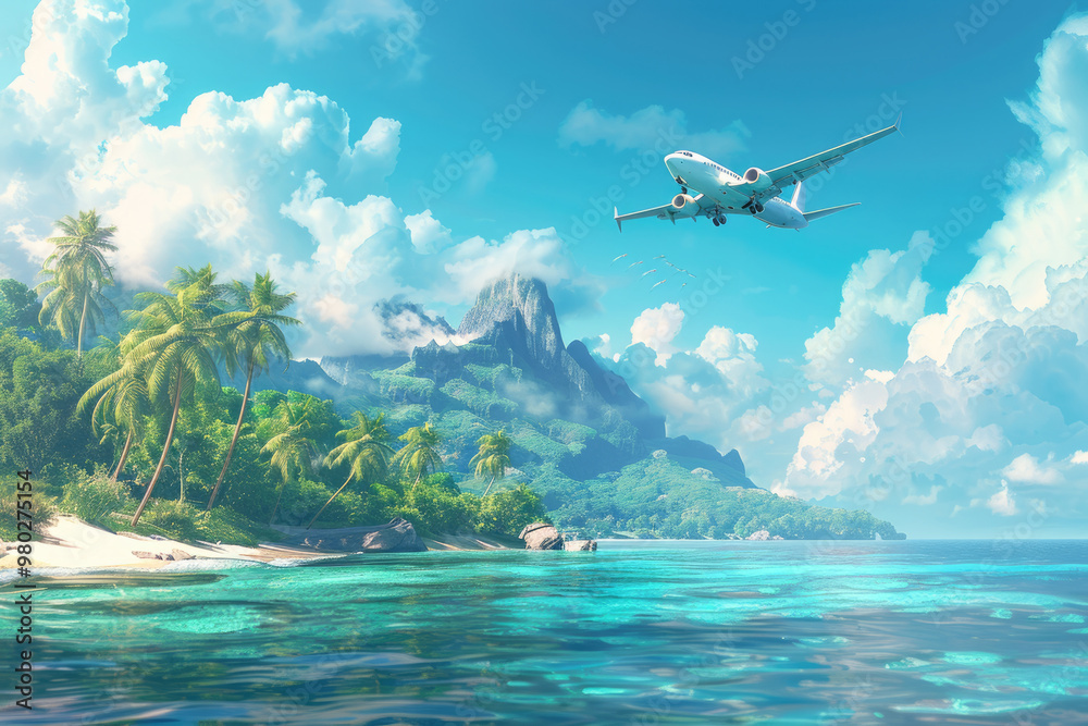 Naklejka premium The plane flew over a small island in the sea