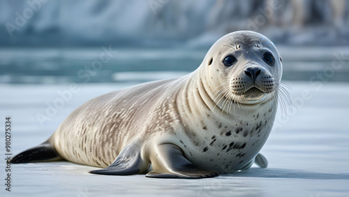 young Baikal seal on the ice of the lake, a species of earless seal that is unique to Lake Baikal in Siberia, Russia sea background,