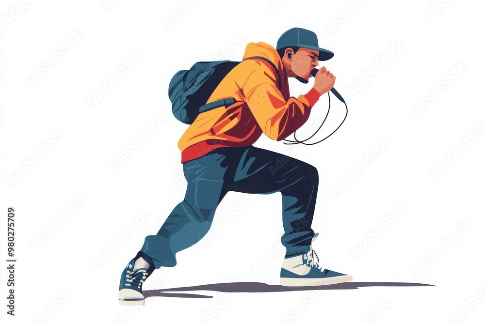 Obraz premium Dynamic illustration of a young male rapper performing passionately with a microphone, showcasing urban street style fashion.