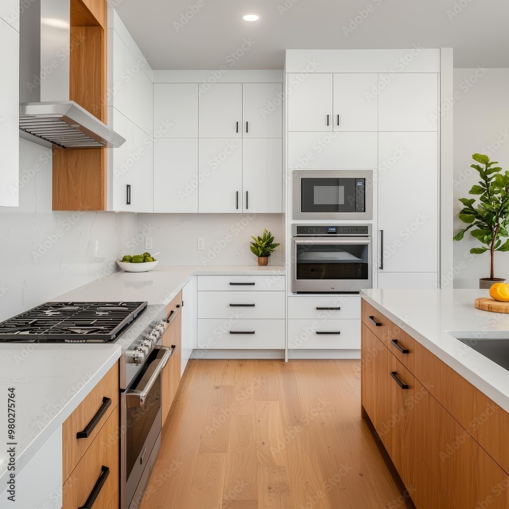 Elegant minimalist kitchen with smooth countertops, no utensils, bright natural light, wide-angle Sony a7 III Elegant minimalist kitchen with smooth countertops, no utensils, bright natural light, wide-angle Sony a7 III