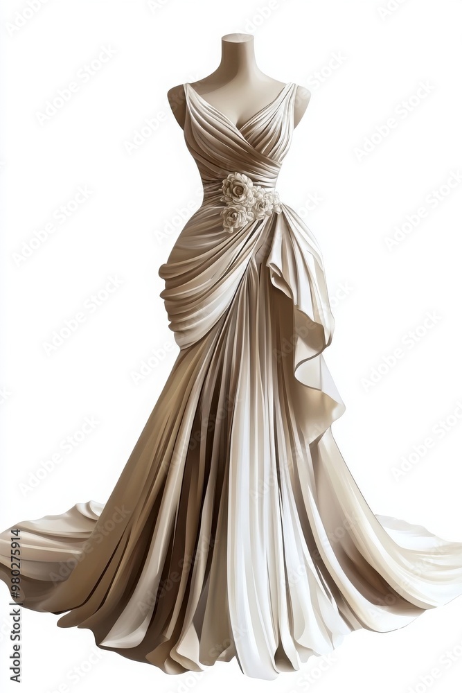 Elegant bridal gown featuring draped fabric and intricate detailing, perfect for weddings or special occasions. Elegant bridal gown featuring draped fabric and intricate detailing, perfect for weddings or special occasions.