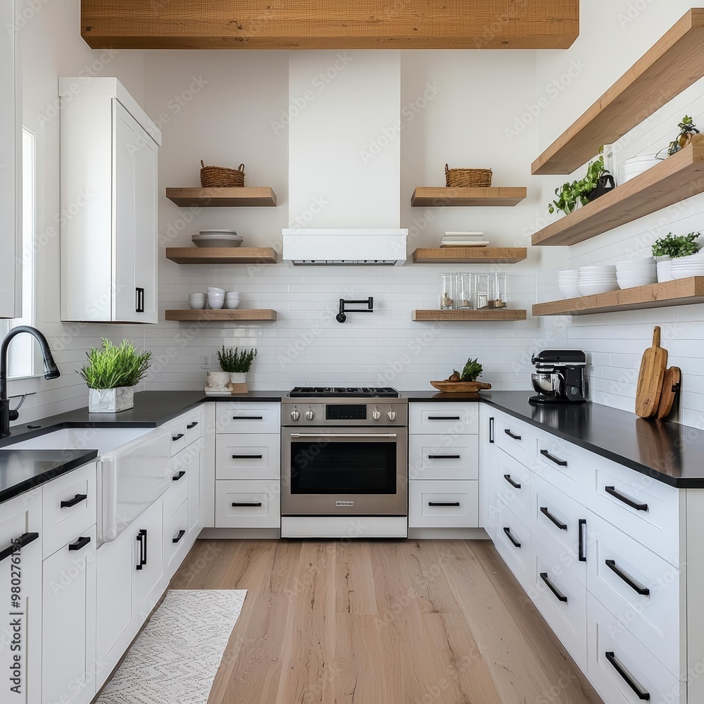 Fototapeta premium Minimalist kitchen with white cabinets, black countertops, no clutter, soft sunlight, Sony a7 III wide-angle capture