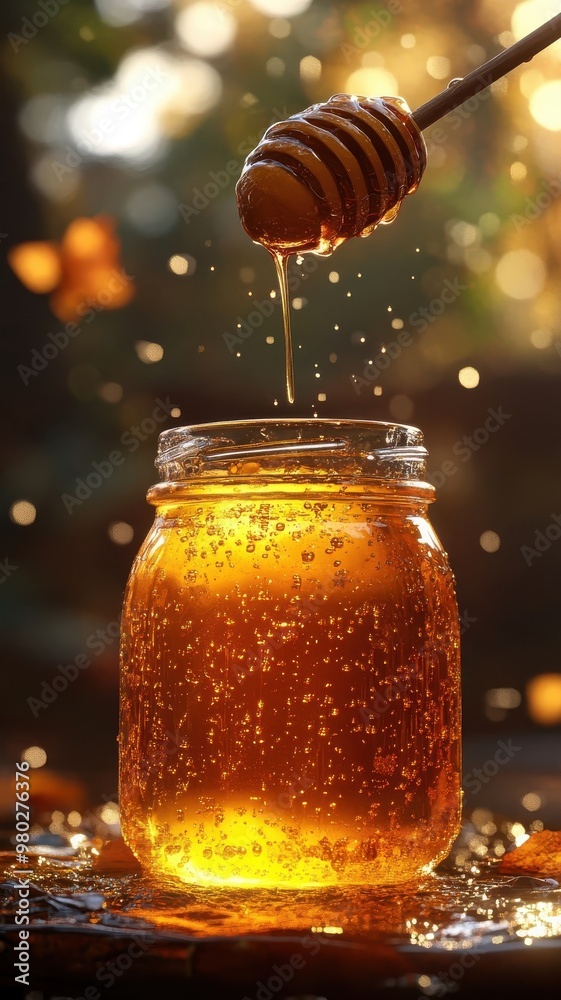 A stylized 3D honey jar with exaggerated textures and dynamic lighting, producing dramatic visual effects and bold shadows. A stylized 3D honey jar with exaggerated textures and dynamic lighting, producing dramatic visual effects and bold shadows.
