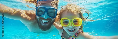 Playful pool scene with a father and daughter enjoying underwater fun.