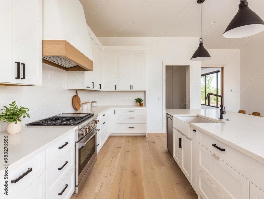 Spacious bright kitchen with sleek countertops, minimal accessories, warm sunlight, wide-angle, Sony a7 III Spacious bright kitchen with sleek countertops, minimal accessories, warm sunlight, wide-angle, Sony a7 III