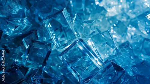 A background of blue ice cubes with glass blocks in the foreground, close-up, macro photography, high resolution, sharp focus, studio photo, intricate details, highly detailed. 