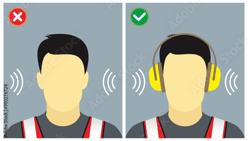 Workplace do and do not hearing protection safety practice illustration. Wear ear muff to avoid from noise hazard and hearing problem.