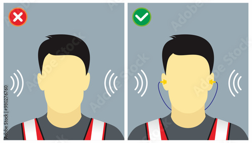 Workplace do and do not hearing protection safety practice illustration. Wear ear plug to avoid from noise hazard and hearing problem.