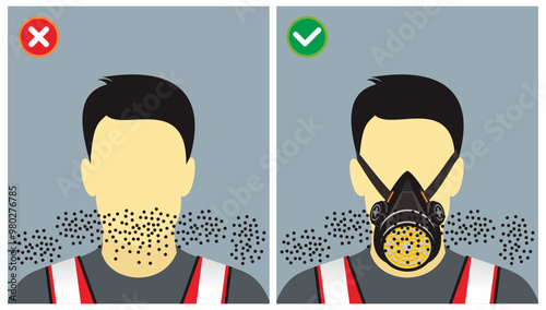 Workplace do and do not respiratory protection safety practice illustration. Wear respiratory mask to avoid from inhaling mist, dust, fumes, small particles, and other toxic gas.