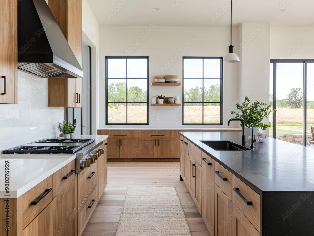 Spacious kitchen with sleek black countertops, minimal decor, large windows, bright daylight, Sony a7 III photography