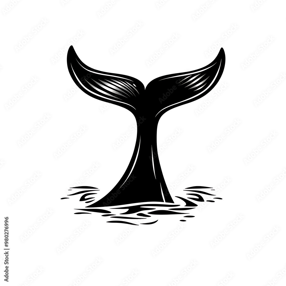 Fototapeta premium Black and White Illustration of a Whale Tail Emerging from Water
