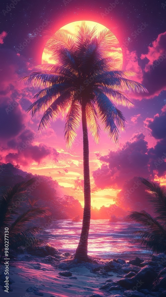 Obraz premium Retro Synthwave style illustration of a coconut tree with neon colors and futuristic elements.