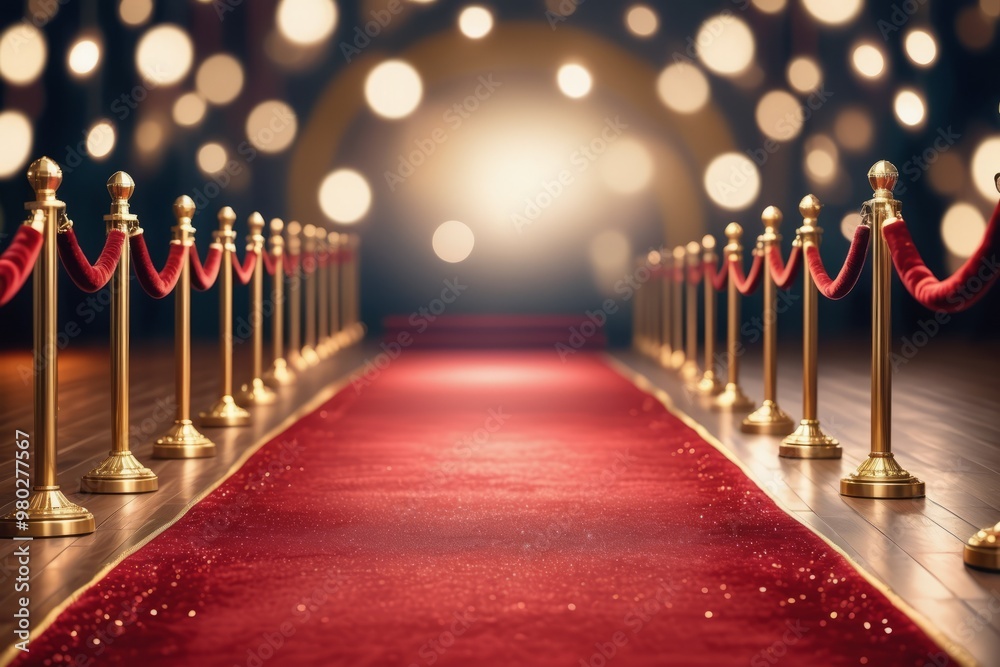 A luxurious red carpet on a black background leading to an exclusive event entrance A luxurious red carpet on a black background leading to an exclusive event entrance