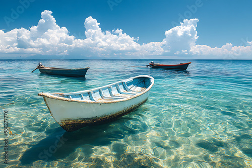 A serene seascape featuring three boats floating in crystal-clear water under a blue sky.