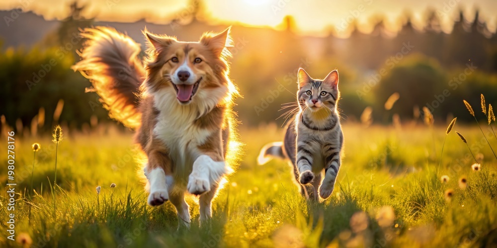 Joyful canine and feline friends, tails held high, run freely in a sun-kissed meadow, their playful energy and carefree spirit palpable in every leap and bound. Joyful canine and feline friends, tails held high, run freely in a sun-kissed meadow, their playful energy and carefree spirit palpable in every leap and bound.