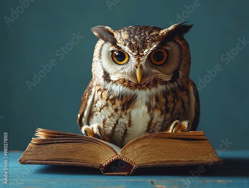 Wallpaper Mural Wise owl perched on an open book with sharp talons and bright yellow eyes, on a blue wooden table. Torontodigital.ca