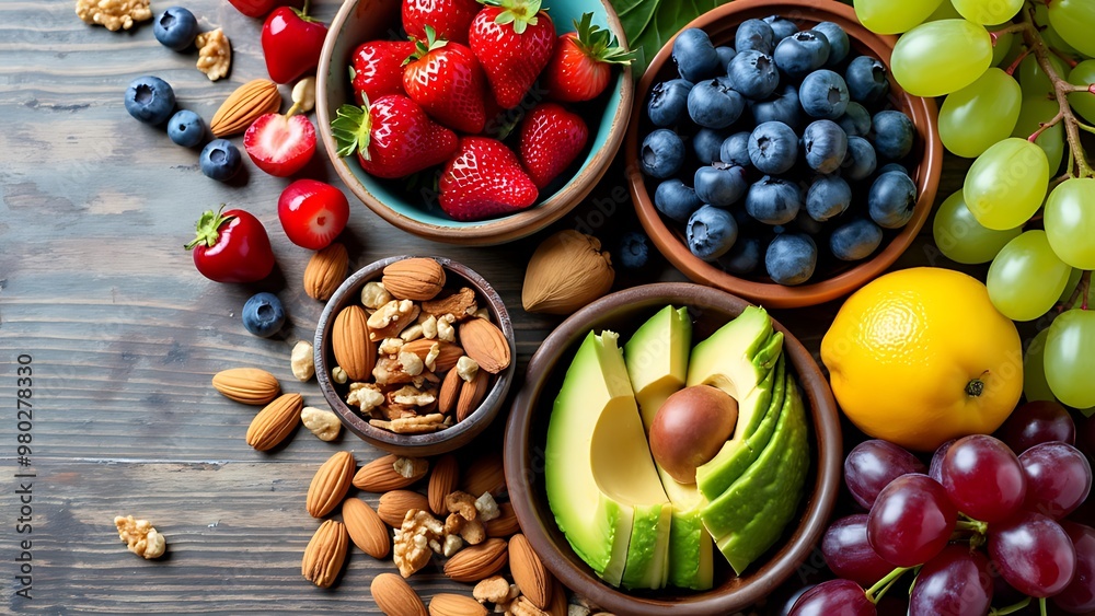 Assorted organic fruits, nuts, seeds, and grains on a wooden surface. Perfect for promoting a healthy lifestyle, nutrition, and wellness. Vibrant colors and variety make it visually appealing. Assorted organic fruits, nuts, seeds, and grains on a wooden surface. Perfect for promoting a healthy lifestyle, nutrition, and wellness. Vibrant colors and variety make it visually appealing.
