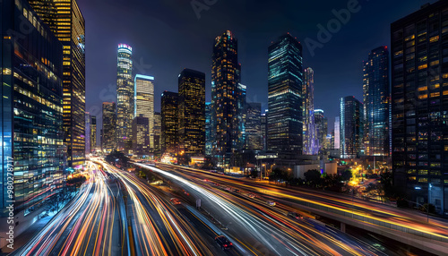 A bustling city at night, with skyscrapers illuminated and traffic creating streaks of light