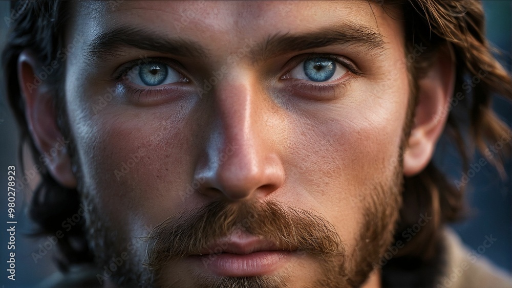 A close-up portrait of a man with long, dark hair and a beard, wearing a beige jacket, gazes directly at the camera with blue eyes. A close-up portrait of a man with long, dark hair and a beard, wearing a beige jacket, gazes directly at the camera with blue eyes.