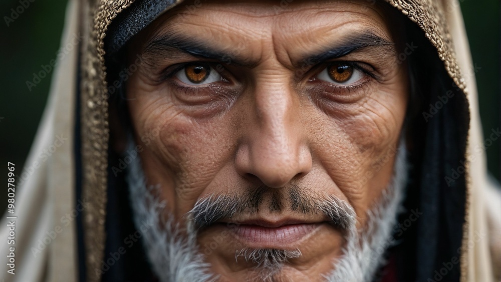 A man with a white beard and mustache, wearing a beige hooded cloak, gazes directly at the camera with intense, piercing eyes.