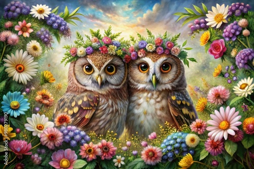Two majestic owls sit amidst a colorful floral wreath, surrounded by blooming wildflowers, evoking a sense of whimsy and natural beauty in this charming illustration.