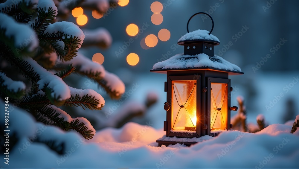 A glowing lantern in snow-covered surroundings with soft bokeh lights in the background A glowing lantern in snow-covered surroundings with soft bokeh lights in the background