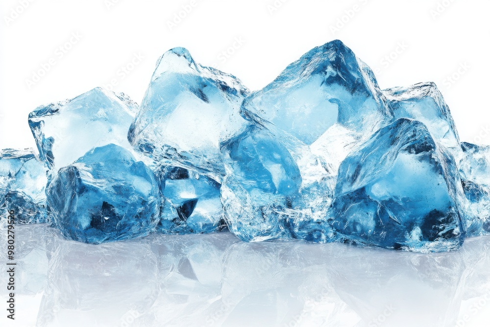 Crystal clear blue ice cubes scattered on a reflective surface, perfect for refreshing drinks and summer cocktails. Crystal clear blue ice cubes scattered on a reflective surface, perfect for refreshing drinks and summer cocktails.