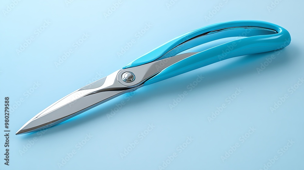 Blue kitchen shears with stainless steel blades on a light blue background. Blue kitchen shears with stainless steel blades on a light blue background.