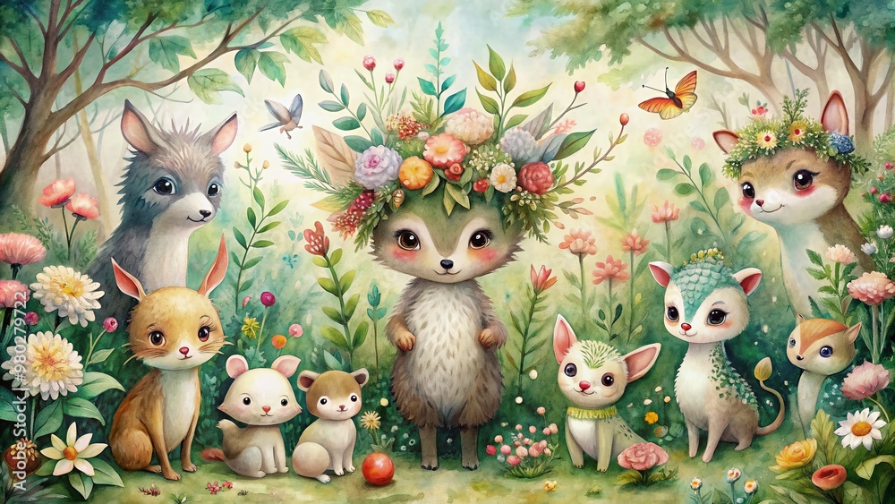 Obraz premium Whimsical watercolor illustration featuring adorable forest creatures, lush greenery, and blooming flowers in soft, dreamy hues, evoking a sense of serene wonder and magic.