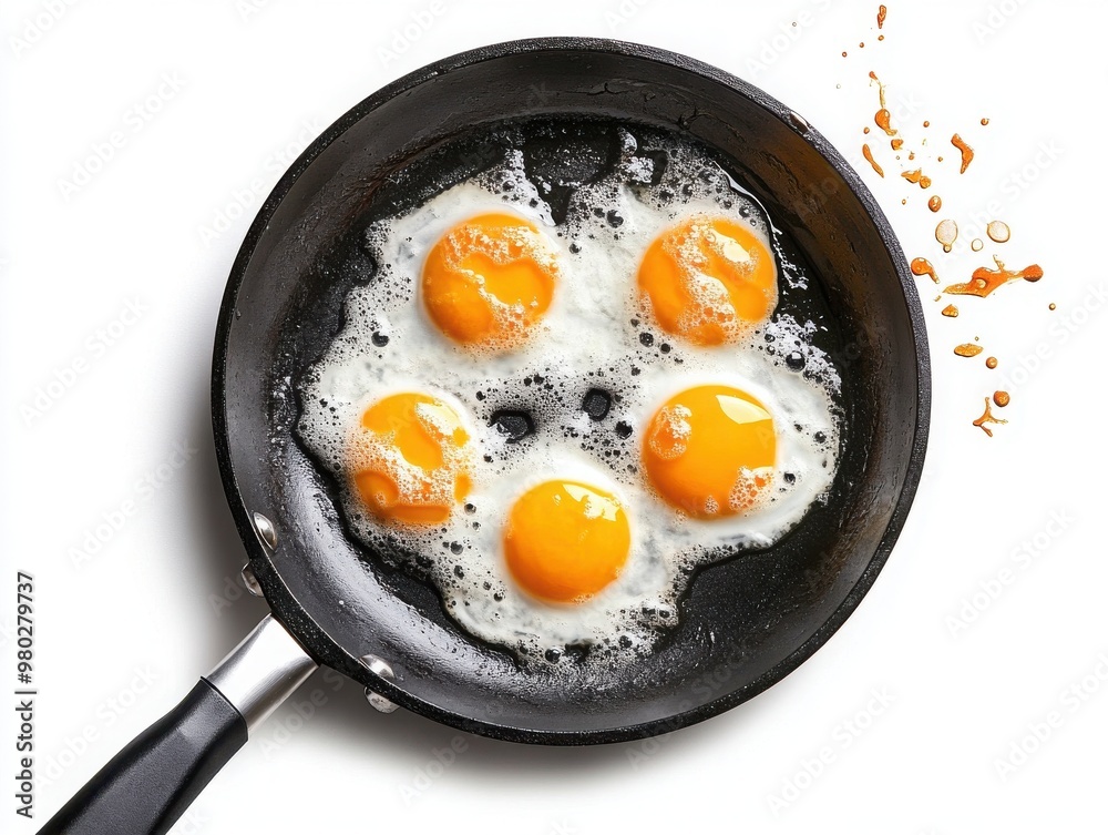 Fried eggs sizzling in a black pan, showcasing vibrant yolks and bubbling whites, perfect for breakfast or culinary displays. Fried eggs sizzling in a black pan, showcasing vibrant yolks and bubbling whites, perfect for breakfast or culinary displays.