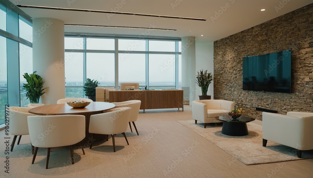 Fototapeta premium A stylish modern office lobby with bright city views and vibrant decor 97