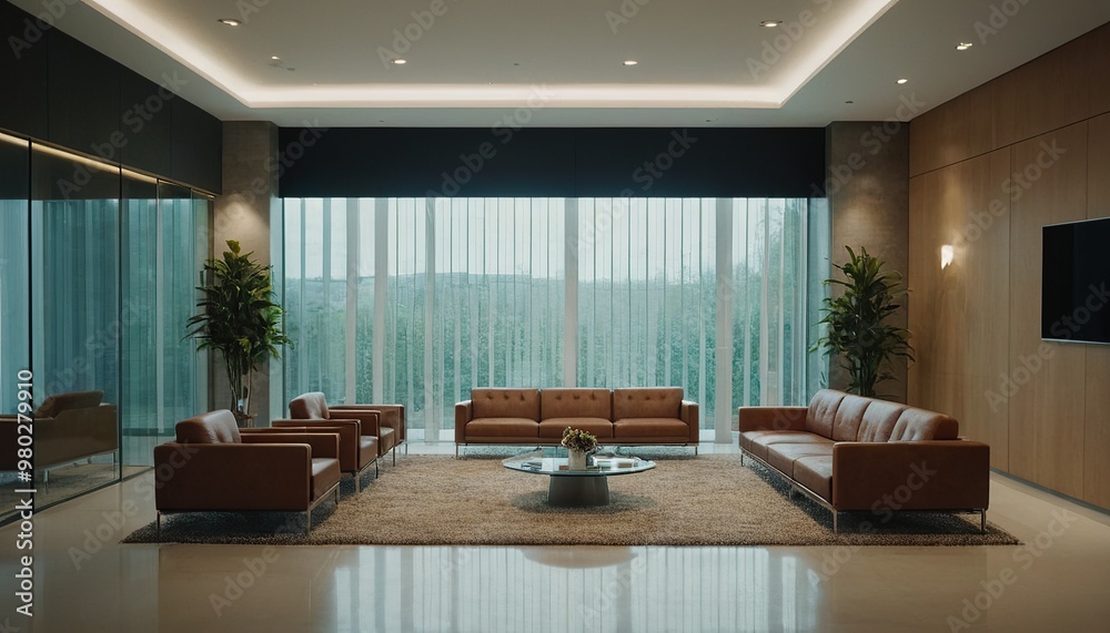 Fototapeta premium A stylish modern office lobby with bright city views and vibrant decor 92