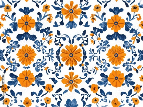 Vibrant floral pattern featuring blue and orange flowers on a white background, ideal for textiles and design projects.